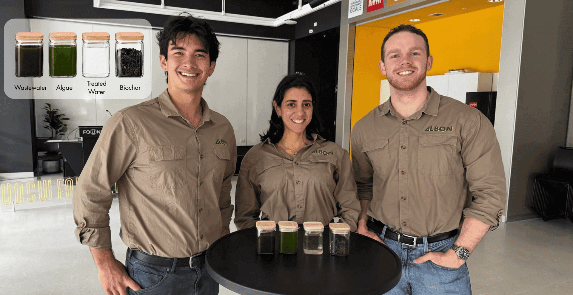 Co-Founders John Phipps, Dr Andrea Gonzalez and Tom Bessell with the four stages of ALBON's process